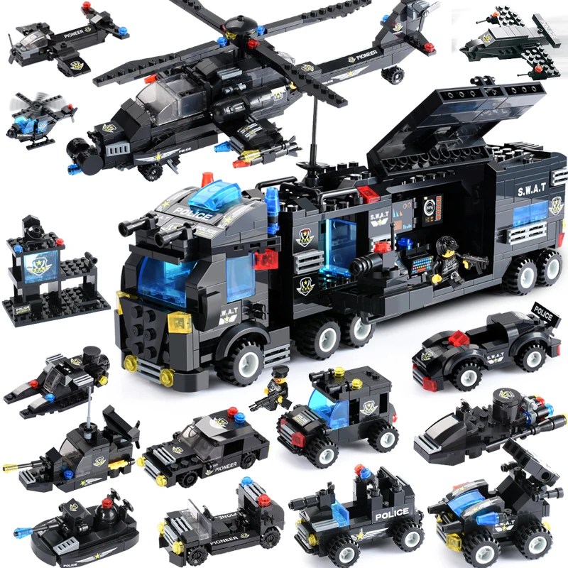

City Police Compatible LegoINGly City Blocks 8 in 1/6 In 1 Vehicle Car Helicopter Police Staction Building Blocks DIY Bricks Toy