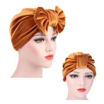 

Bowknot Women Turban Indian Caps Women Hijabs Hats Celeb Style Neon Headband Vintage Double Stretch Velvet Turban Head Wrap