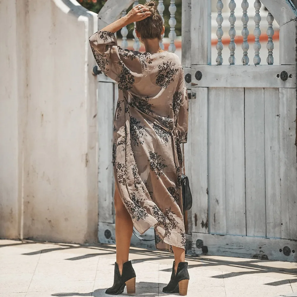 Kimono Cardigan Women Long Sleeve Floral Print Chiffon Loose Shawl Tops Cover up Blouse Long Beach Cover Up Tops Casual Outwear