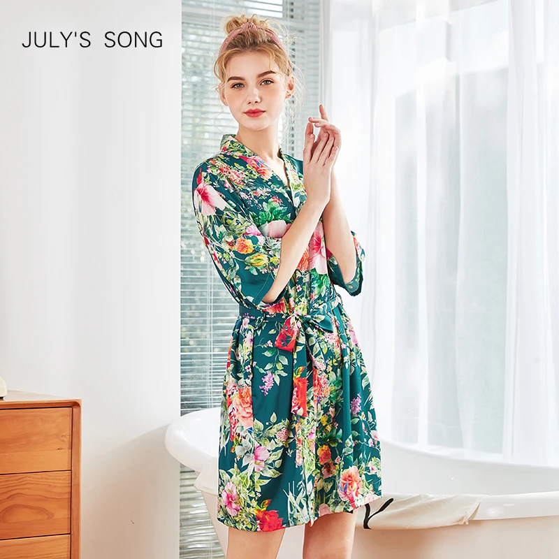 Женский атласный халат JULY'S SONG, с цветочным рисунком, для невесты и подружек невесты, пикантная пижама, шелковая одежда для сна