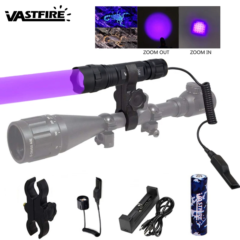 

6000LM Q5 UV LED Zoomable Tactical Hunting Light Weapon Rifle Flashlight+18650 Battery+Remote Switch+Usb Charger+Scope Mount