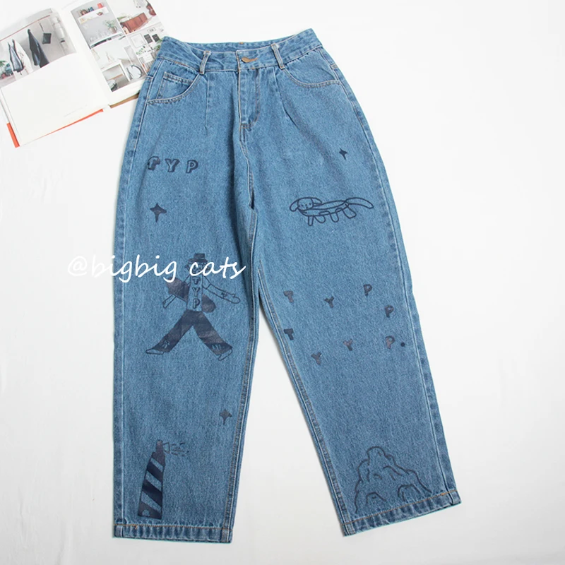 Новые осенние джинсы женские винтажные джинсы с принтом маяка свободные шаровары с высокой талией Harajuku Мультфильм Русалка джинсы женские