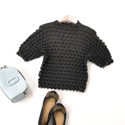 pourpre Bleu gris Moitié Trois Manches Spéciale Beige noir En Stock Treillis cou Dimensions Miyake Offre Plier Plissage marine shirt T Solide D'o qwU1HBU