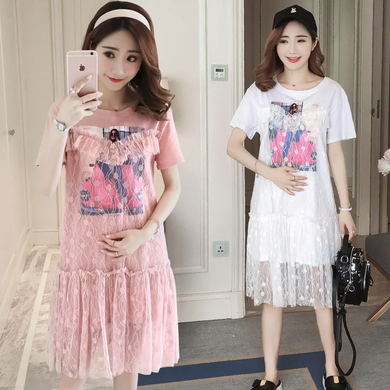 

New summer maternity dress Korean fashion personality printing lace stitching maternity dress pregnancy skirt