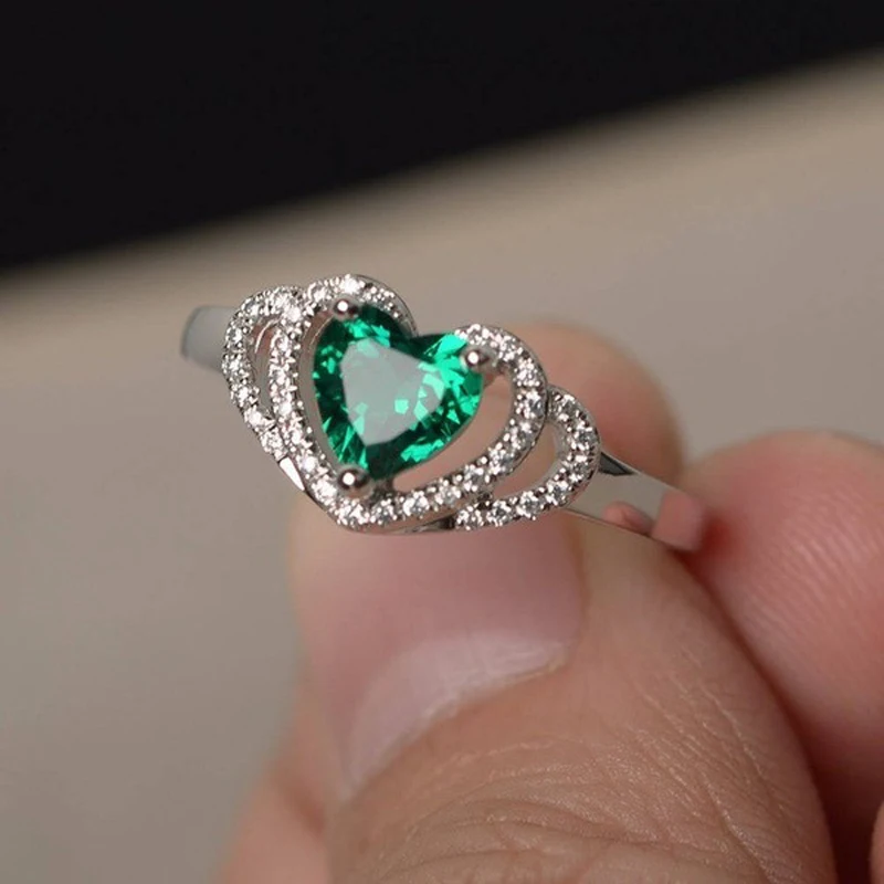 

2019 Hot Green Heart-shaped Zircon Rings for Women Wedding Engagement Jewelry Romantic Silver Color Lover Rings Bague Femme