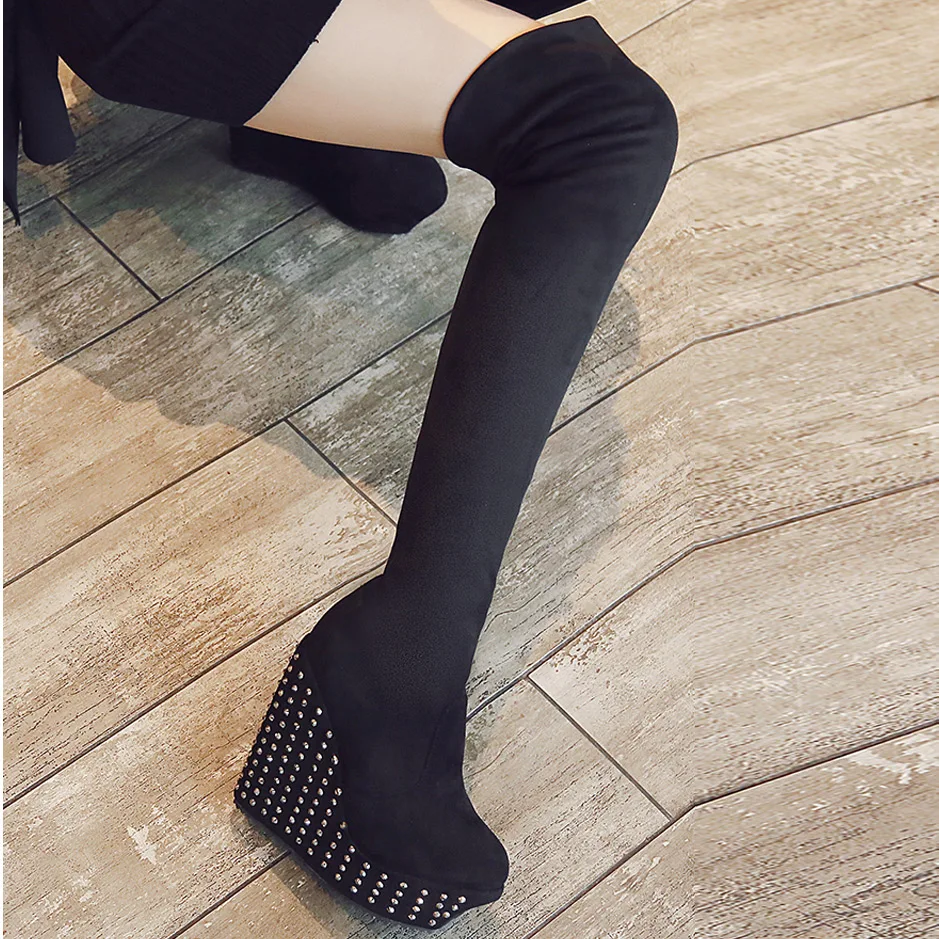 Genou Talons Sur Femme Black Flock Wb1420 Rivet Plate Lace Épais forme Bottes D'hiver Coins Le Chaussures Femmes Haute marron Fond Cuissardes Up nn4BX7