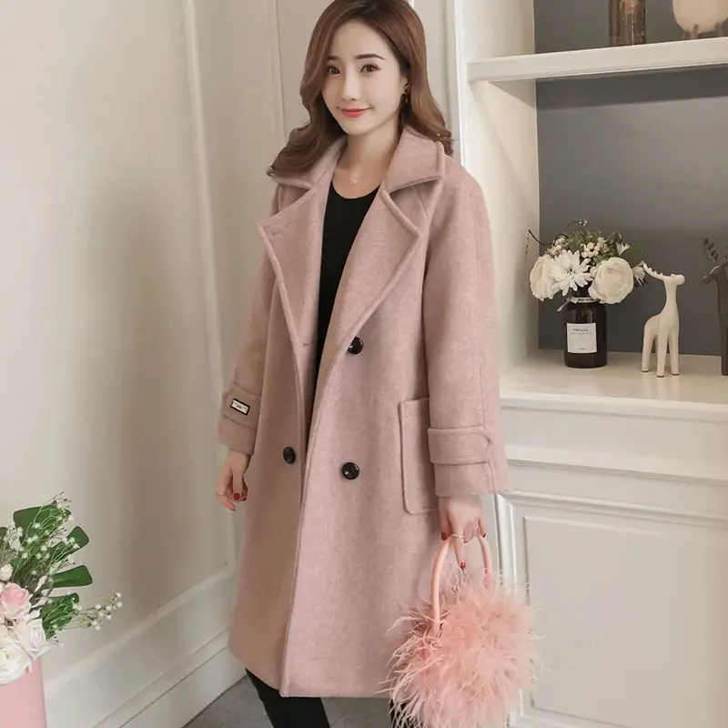 Женское длинное шерстяное однотонное пальто однобортный большой отложной воротник Повседневный костюм осень-зима - Цвет: Розовый