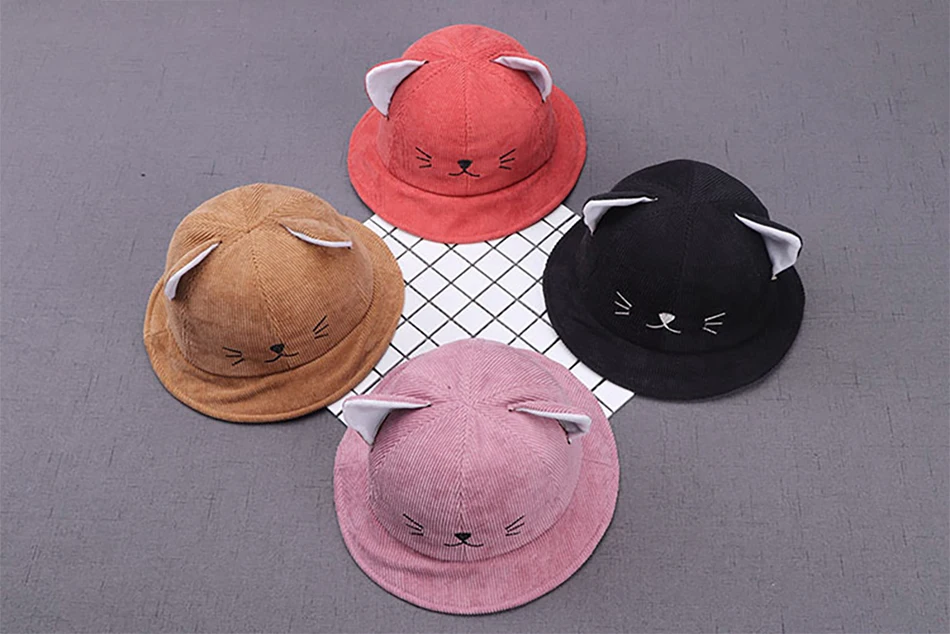 Осенне-зимняя Солнцезащитная Панама для маленьких мальчиков и девочек, милые детские уличные шапочки, детские вельветовые хлопковые шапки с кошачьими ушками, плотные теплые шапки