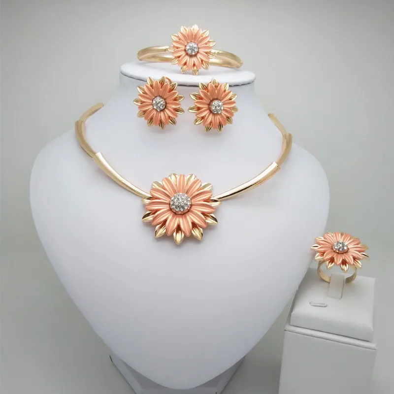 

Flower Jewelry sets Gold Color Bridal Wedding sets NEW Big Necklace Earrings Bangle Ring Ethiopian/Africa/Arabia