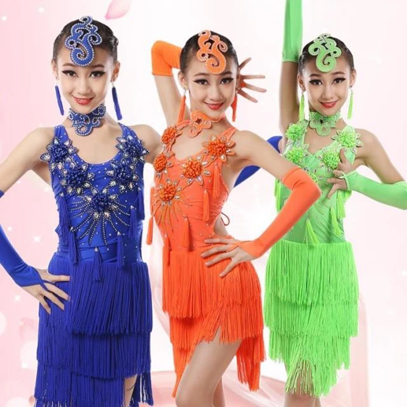 

4-12Years Exquisite Rhinestone Flowers Girls Layered Tassel Dress Kids Ballroom Latin Dance Wear Childen Salsa Dance Costume