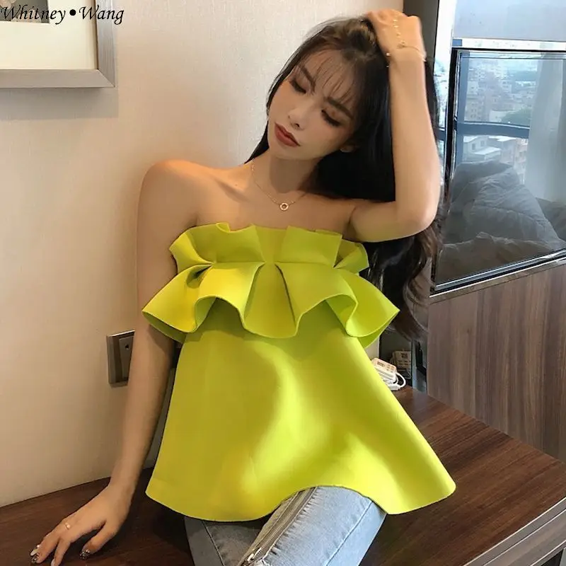 

WHITNEY WANG Blouses Woman 2019 Summer Fashion Streetwear Sexy Ruffled Strapless Tops Women Blusas Shirt Blouse