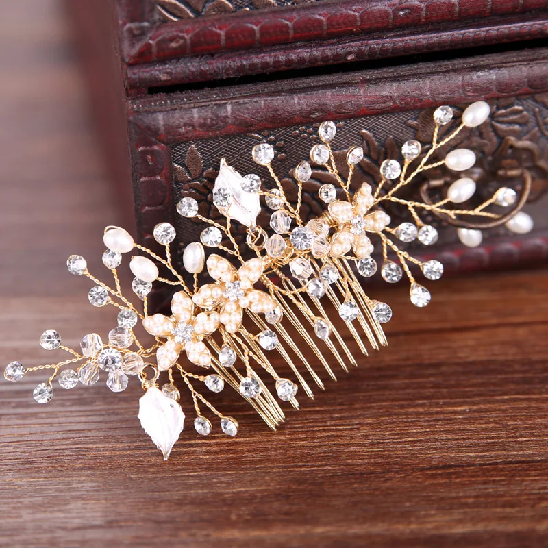 

Handmade Gold Silver Flower Leaf Crystal Pearl Bride Hair Combs Taira Headpiece Wedding Hair Accessories Hair Jewelery Headwear