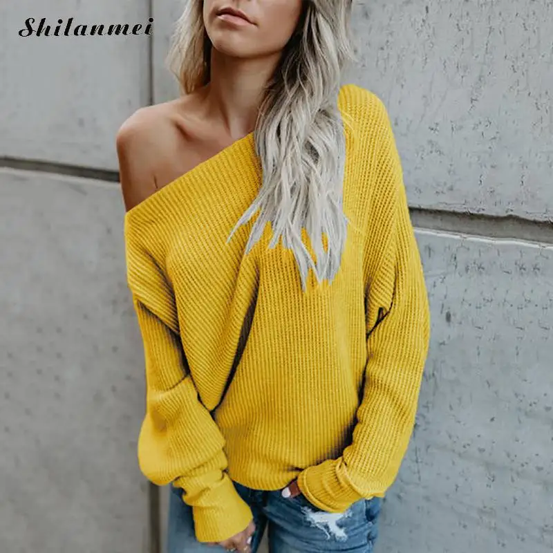 

Sexy One Shoulder Knitted Sweater Plus Size Autumn Long Sleeve Women Pullover Yellow Black Winter Causal Pull Femme Jumper Tops