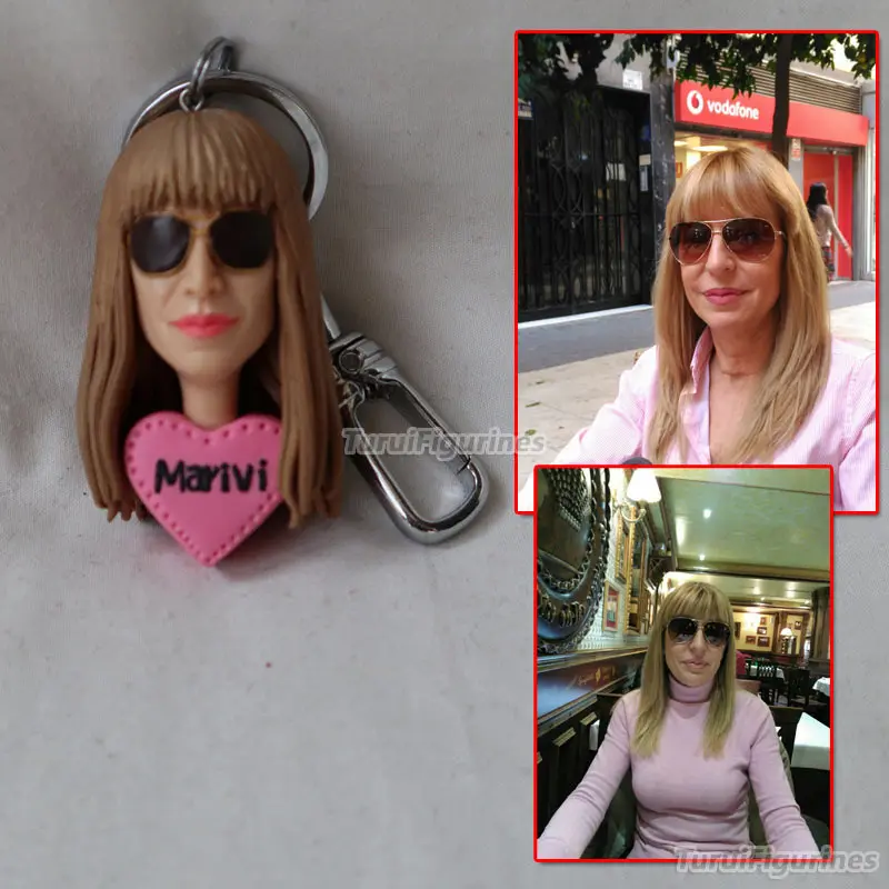 

OOAK Miniature Dollhouse polymer clay human face keychain keyring key chain engraved photo and anem wedding cake topper decor