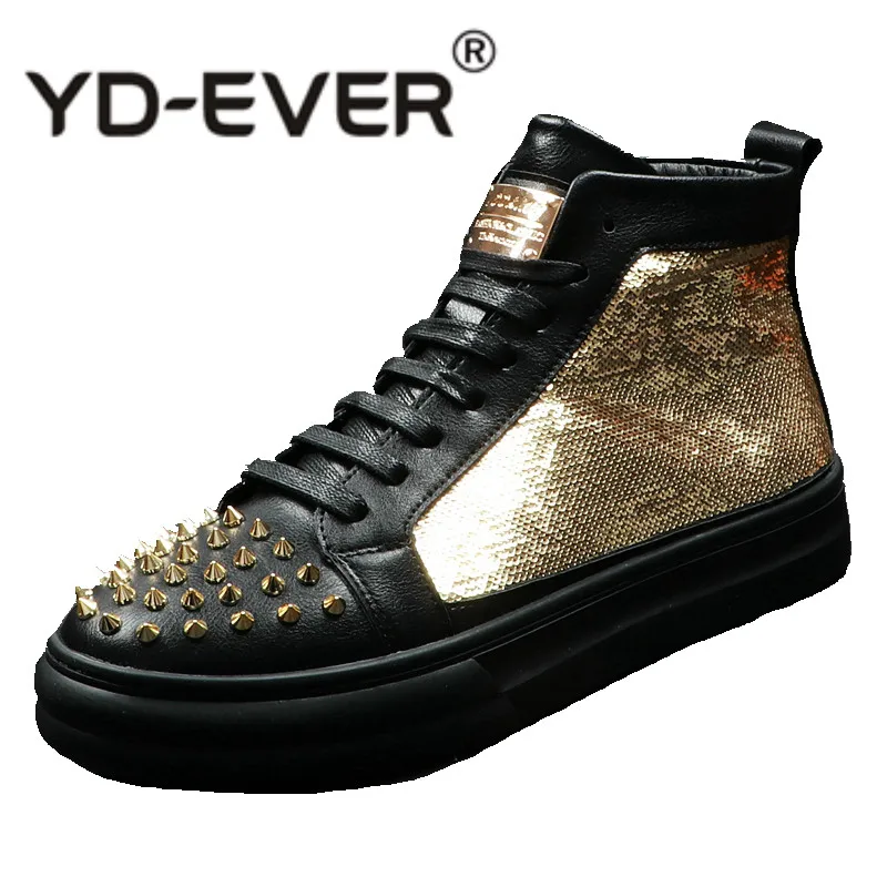 

CuddlyIIPanda Luxury Brand Men Fashion Punk Shoes British Style Men Leather Golden Rivets Shoes Male High Top Casual Shoes Boots
