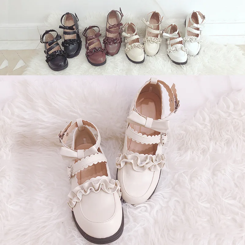 

Girl Lolita Janpaese Women's Student Kawaii Bow Lace Uniform Shoes Cosplay Princess Maid Buckle Straps Shoes