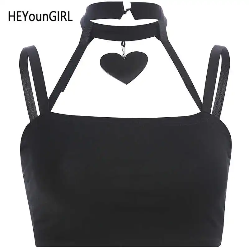 Черный HEYounGIRL открытая повязка короткий топ сексуальный Харадзюку черный Холтер женские майки хлопчатобумажные уличная летние топы футболки рубашка готический - Цвет: Черный