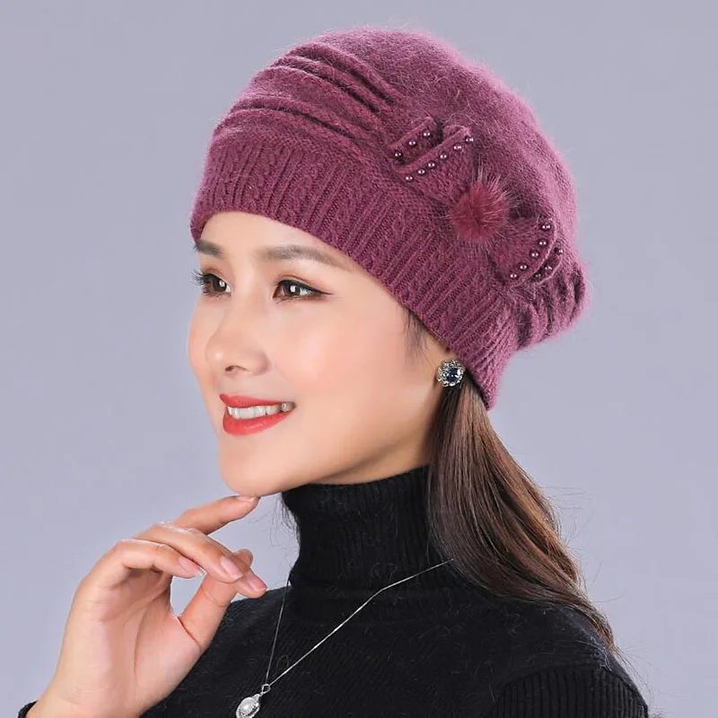 SUOGRY новые женские вязаные шапки зимние утолщенные двухслойные повседневные Элегантные разноцветные шапки из кроличьей шерсти женские шапки - Цвет: Purple hat