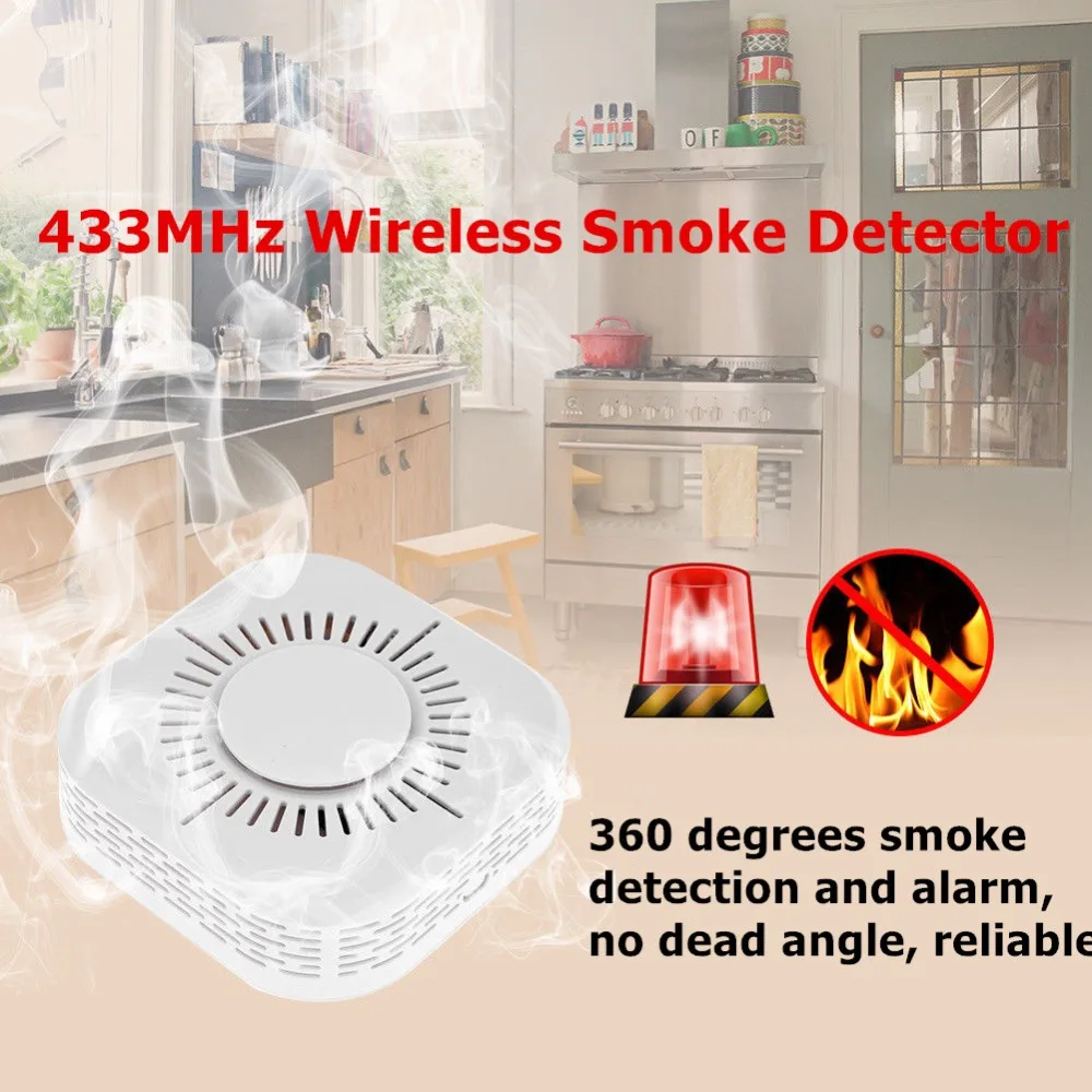 

433MHz Wireless Smoke Detector Independent Fire Alarm Sensor 360 Degrees Indoor Home Safety Garden Security Smoke Alarm