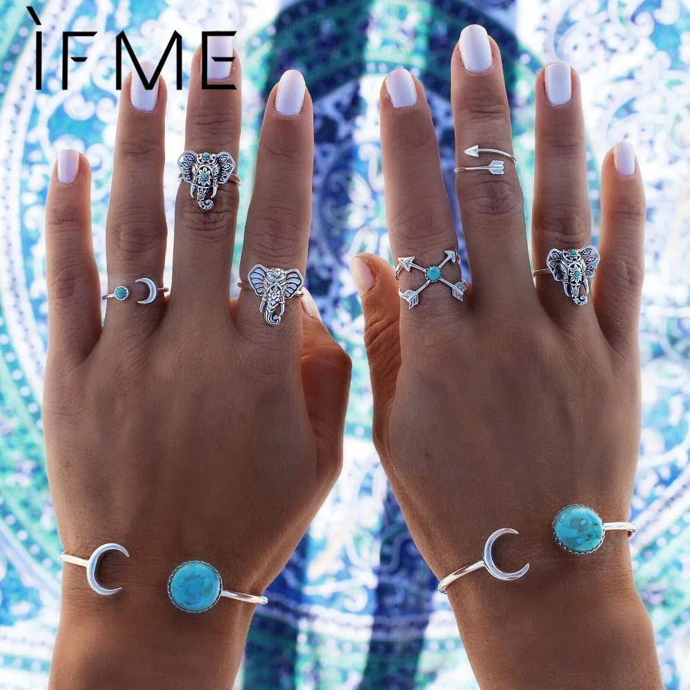 

IF ME Turkish Vintage Steampunk Elephant Moon Arrow Ring Set Anillos Midi Finger Ring Knuckle anelli Rings for Women Jewelry
