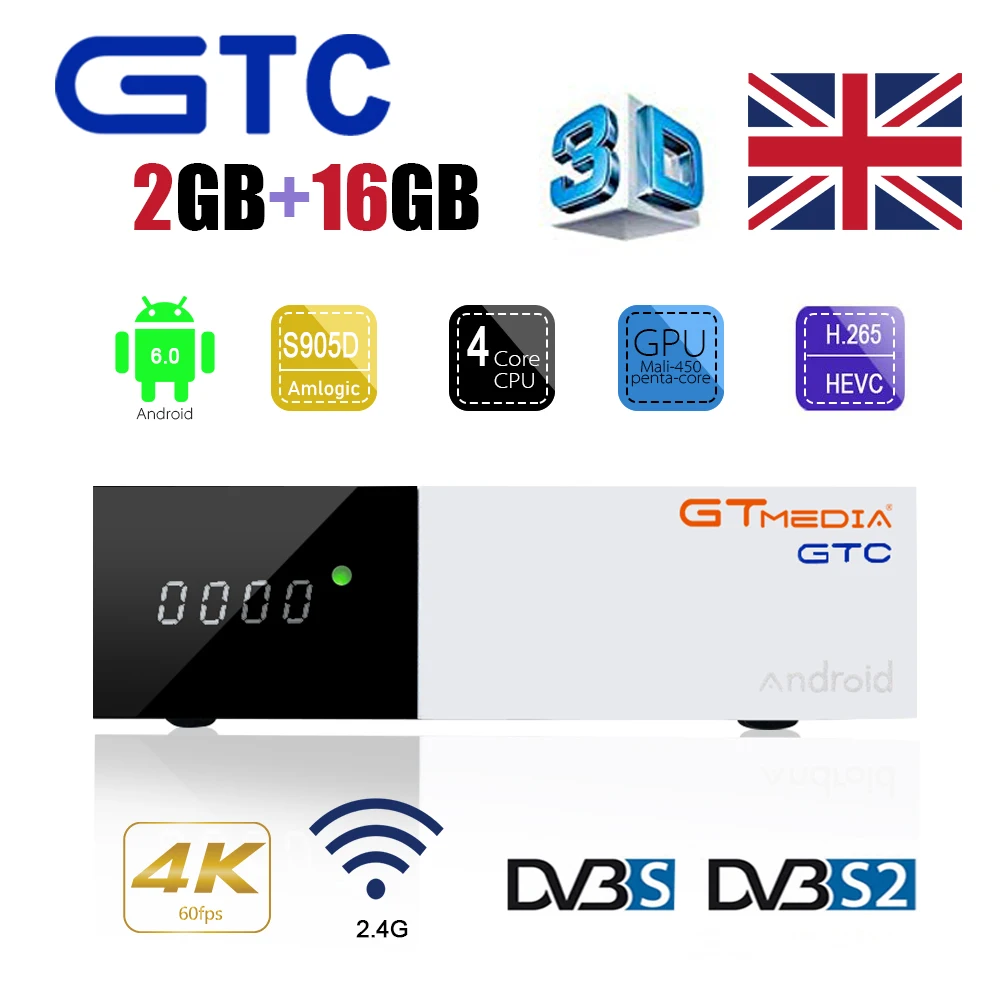 

FREESAT gtmedia GTC Android 6.0 TV BOX DVB-T2/S2/Cable/ISDBT Amlogic S905D 2GB RAM 16GB ROM freesat + 1 year free CCcam UK