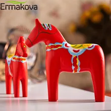 ERMAKOVA 2 Pcs/Set Wooden Dala Horse StatueTraditional Animal Sculpture Swedish Dalecarlian Horse Figurine Gift Souvenir Decor