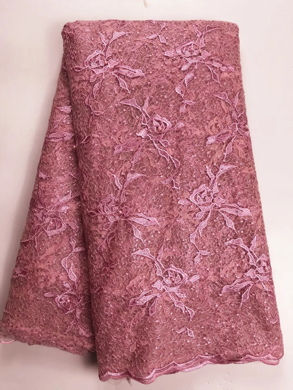 

New 2019 baby design pink lace tulle with fine beads and sequins for a high-quality Nigerian mesh wedding dress