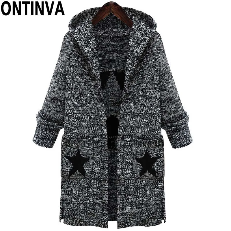 

Plus Size Spring Knitted Sweaters Cardigans Woman Fashion Full Sleeve with Cap and Pockets Long Warm Sweaters Coat 4XL 5XL