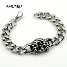 AMUMIU классные 316L Нержавеющая сталь Мужской череп браслет цепь для