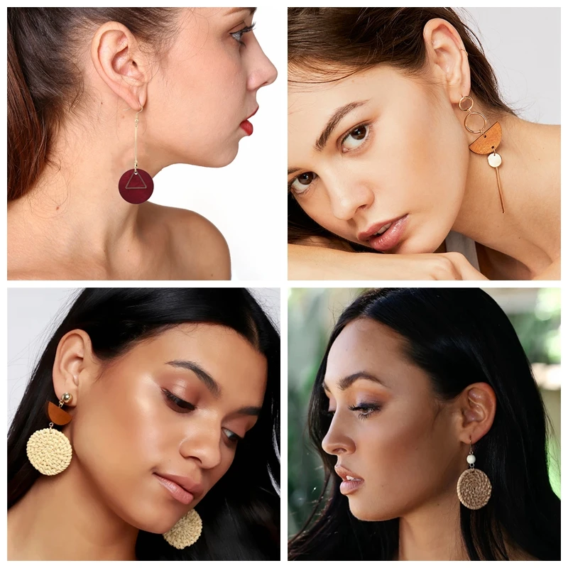 

Multiple Handmade Wooden Drop Earrings For Women Straw Weave Rattan Pendent Geometric Round Earring New Fashion Jewelry