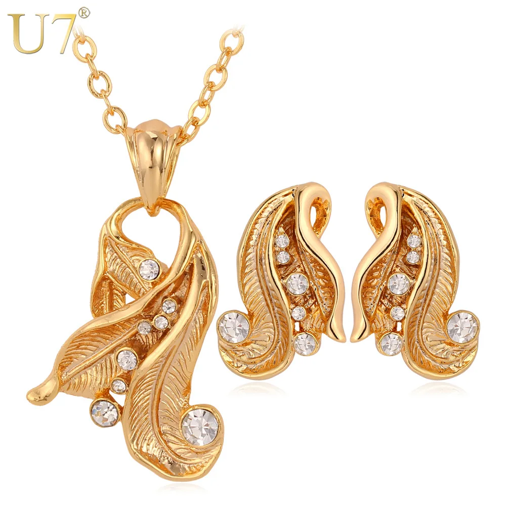 

U7 Crystal African Jewelry Set Women Gold Color Wholesale Jewelry Trendy leaf pendant Necklace earrings Set S589
