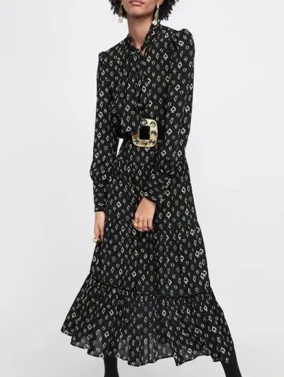 

Spring New Customize Made Women Plus Size 3XS-10XL Casual Long Sleeve Bow Decoration Printing Maxi Long Chiffon Dress Black/Pink