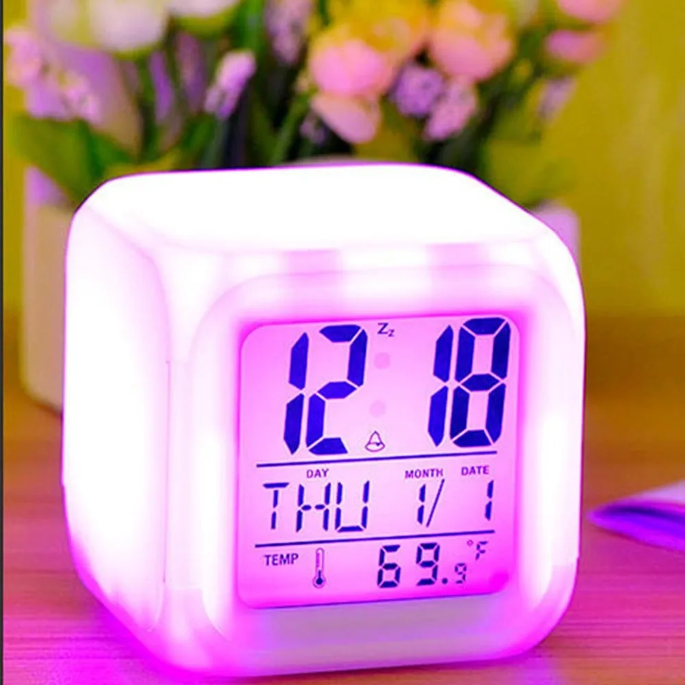 Portable Lovely Fashion 7 Colors Change Square Digital Alarm Clock with LCD Screen Display Luminous Mode Home Office Use