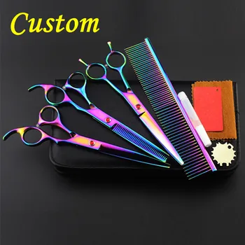 

Custom 4pcs/set japan 440c Color pet 7 inch shears dog grooming hair scissors set cutting thinning barber hairdressing scissors