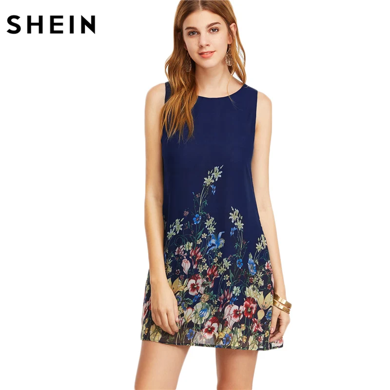 SheIn Womens Dresses New Arrival 2017 Navy Buttoned Keyhole Back Flower Print Scoop Neck Sleeveless A