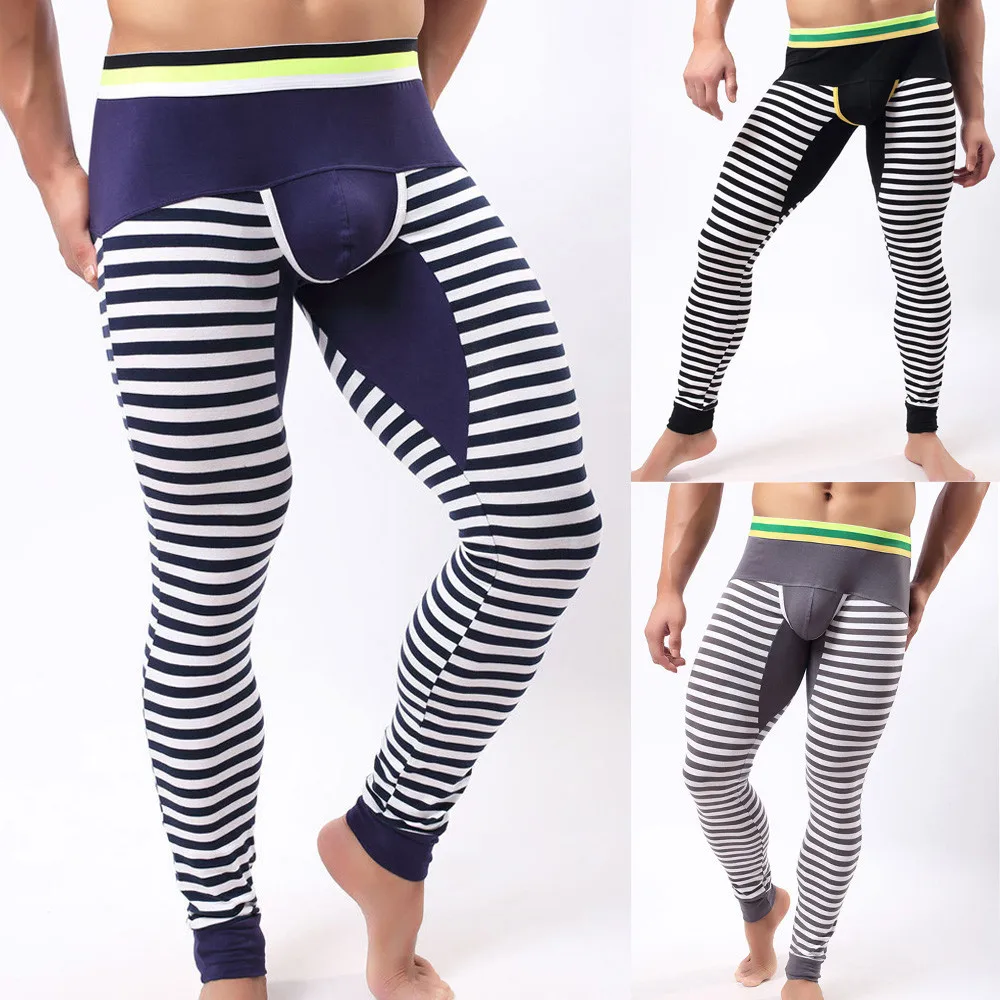 New Fashion Casual Mens Striped Breathable Low Rise Leggings Long Johns