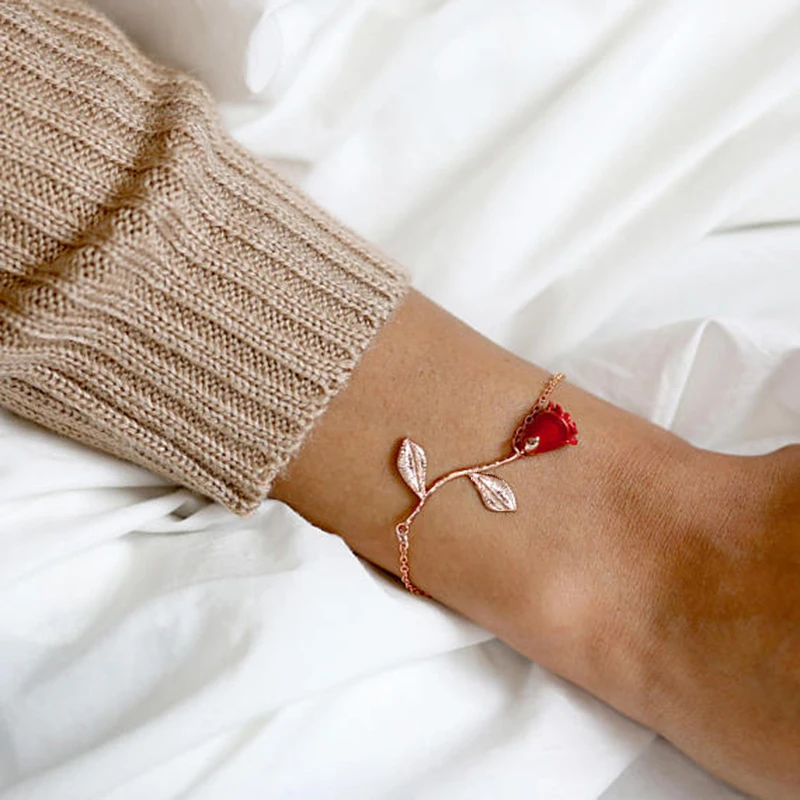 

Women Fashion Temperament Red Silver Rose Flower Charm Adjustable Bracelet Ladies Wedding Bridal Jewelry Accessories