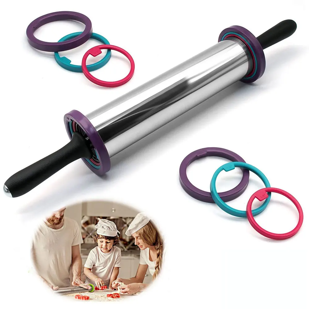 

1Pcs Rolling Pin Adjustable Stainless Steel Rolling Pin Dough Roller with 3 Removable Thickness Rings for Baking Dough, Pizza