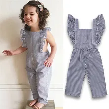 Комбинезон в стиле ретро с квадратным воротником для маленьких девочек, модные летние комбинезоны в полоску без рукавов с рюшами для малышей 1-6 лет, уличная одежда