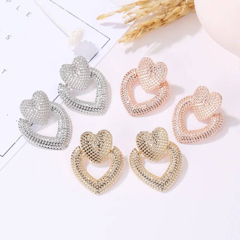 

ZA New Design Heart Drop Earrings For Women ROSE Gold Silver Color Vintage Hollow Heart Statement Earrings Female Party Jewelry