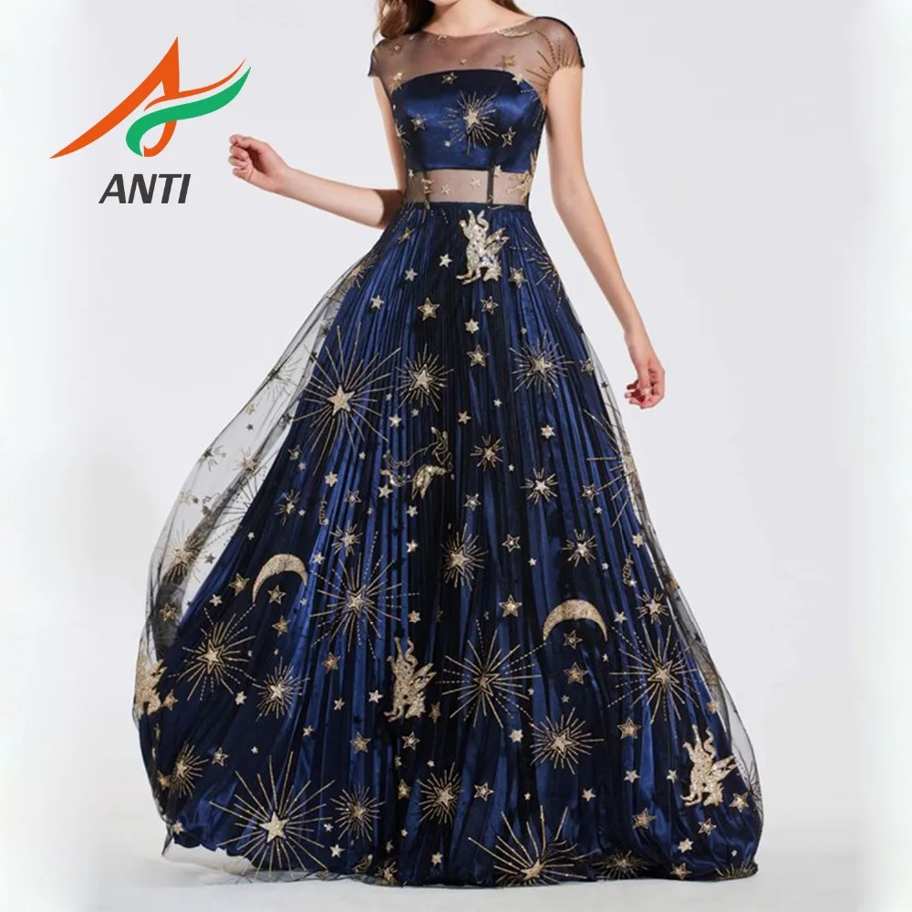 

ANTI New Ocean Blue Evening Dress Long 2019 With Short Sleeves Illusion Embroidery Formal Party Gown vestidos de fiesta de noche