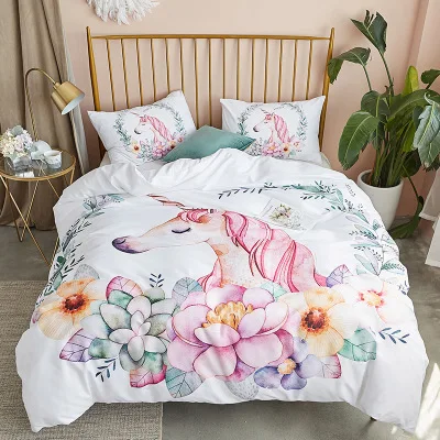 

Set of 3 Bedding Sets cartoon unicorn with flower wreath rainbow Bed Linings Duvet Cover Pillowcases Set Decoration Bedspread