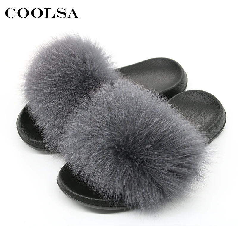 Coolsa новый летний Для женщин лиса Мех животных Шлёпанцы для пушистый