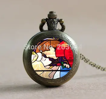 

Movie Sleeping Beauty Kiss 12pcs/lot Pocket Watches quartz mens vintage Pendant with long chain locket necklace steampunk womens