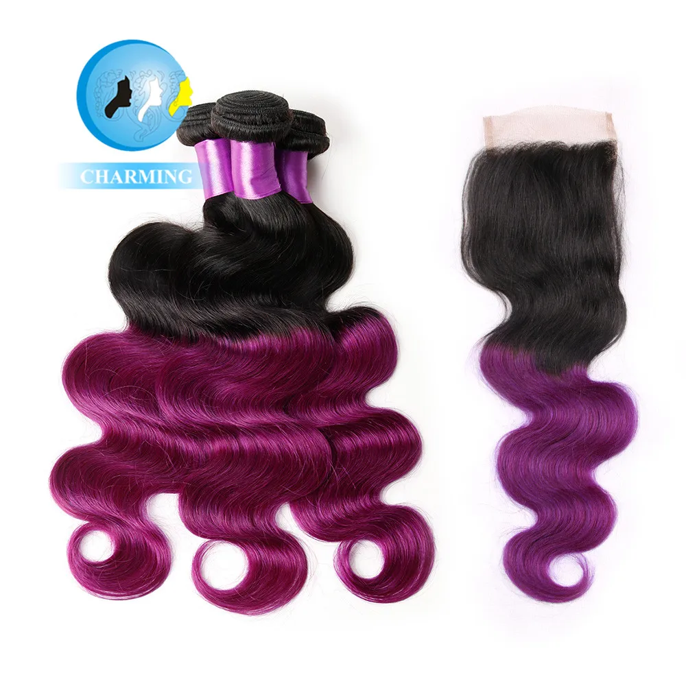 

Ombre 2 Bundles With Closure Grade 8A Malaysian Body Wave Hair With Closure T1B/Purple Ombre Virgin Hair With Closure Ombre Hair