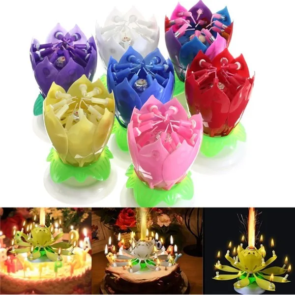 Fleur de Lotus musicale anniversaire bougie Bleu