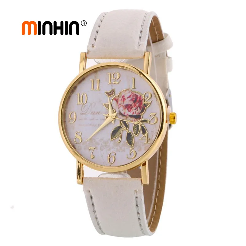 MINHIN Новое поступление Роза часы с узором для Для женщин Лидер продаж из искусственной кожи наручные часы подарок модные Повседневное