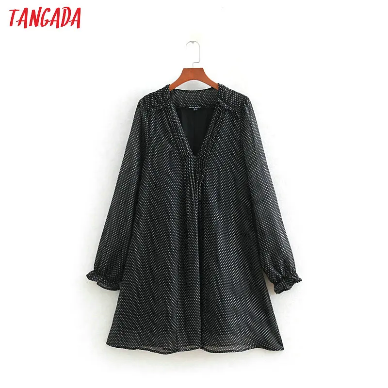 

Tangada women black dot chiffon dress long sleeve vintage lady mini dress cozy female v neck sexy dress vestidos CC412