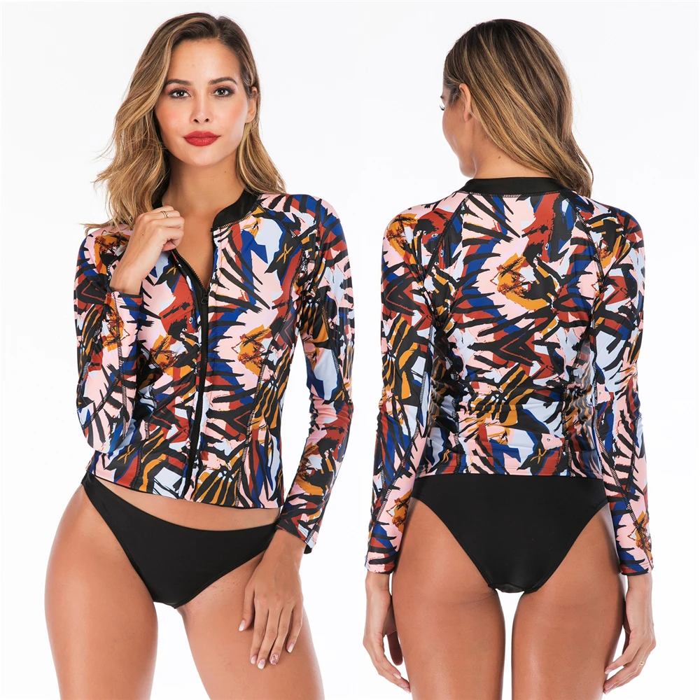 Print Floral Two Pieces Swimsuit Long Sleeve Rash Guards Women UV Bathing Suit Retro Swimsuit Vintage Sexy Surfing Swim Bodysuit - Color: 134