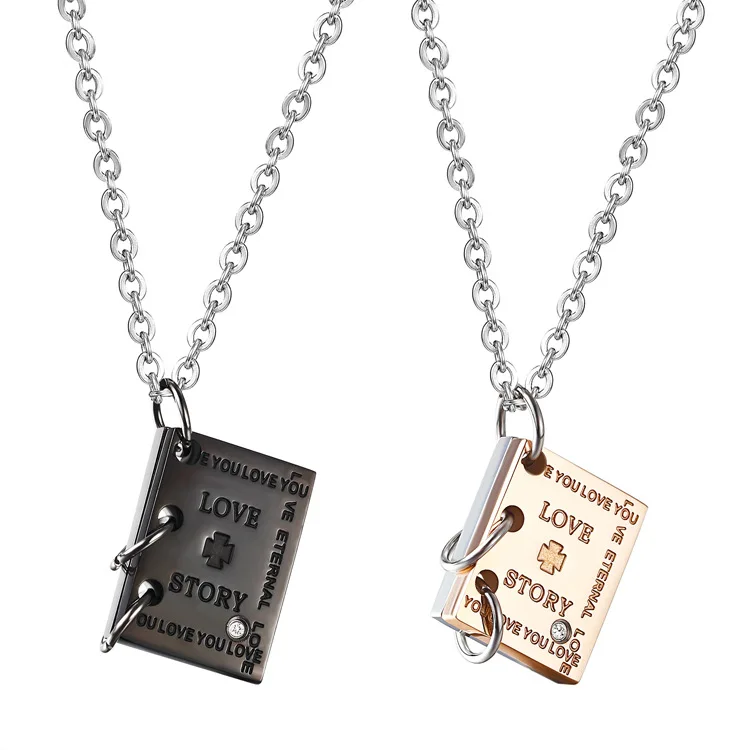 Sweet &quotLove Story&quot Book Pendant Couple Necklace Black Gold-Color Stainless Steel Necklaces for Men and Women Jewelry | Украшения и
